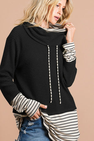 Huxley Waffle Double Cowl Neck Top in Black