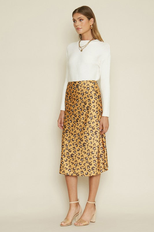 Jane Satin Leopard Midi Skirt