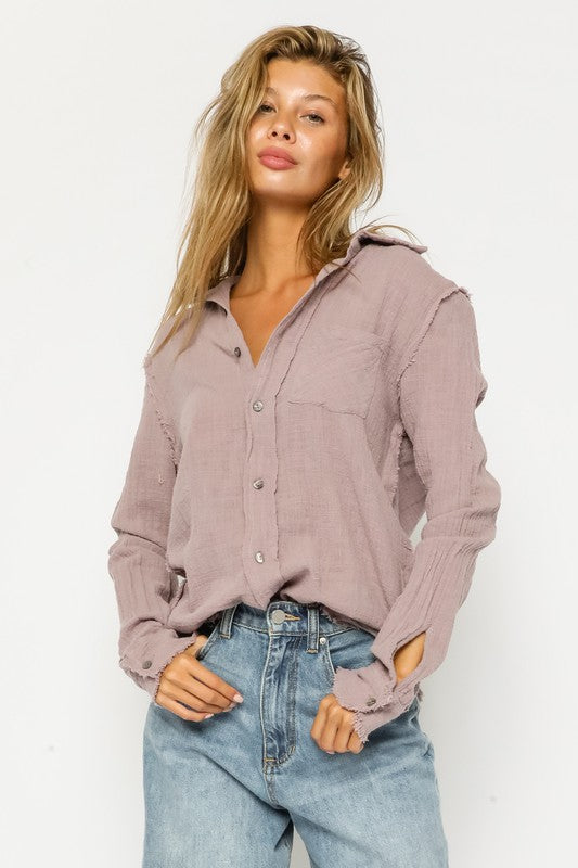 Feelin' It Frayed Gauze Shirt in Lavender