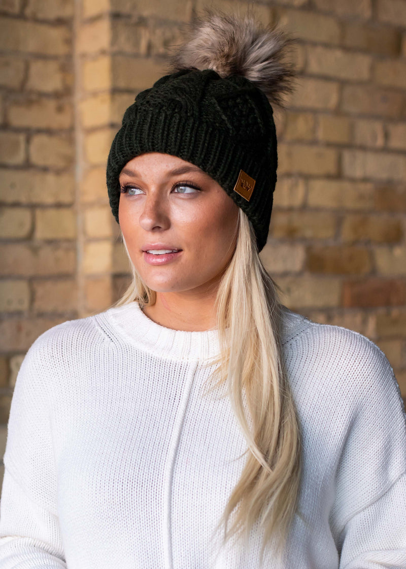 Hunter Green Cable Knit Fur Pom Beanie