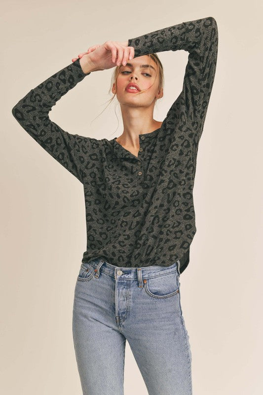 On The Prowl Henley Top in Charcoal