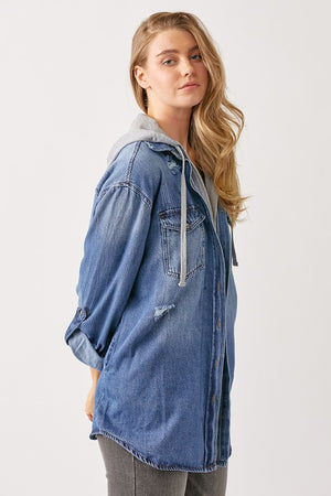 Steal Your Sunshine Hooded Denim Shacket in Dark Wash