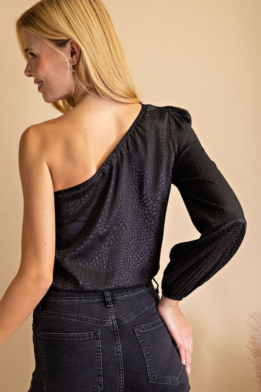 Jackie Satin Leopard One Piece Bodysuit in Black