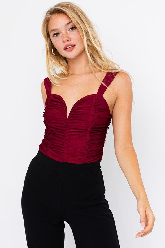 Here For The Holidays Ruched Sweetheart Bodysuit in Merlot