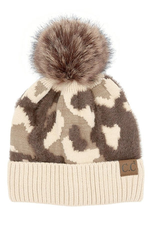 Leopard Faux Fur Beanie Pom in Taupe