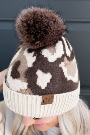 Leopard Faux Fur Beanie Pom in Taupe