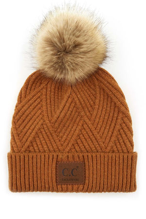 Diagonal Beanie Pom in Camel
