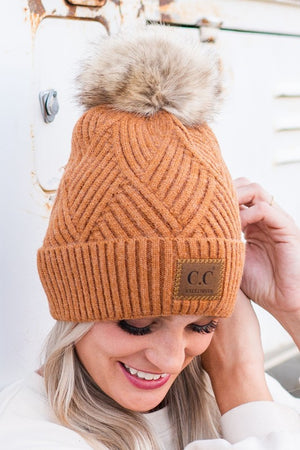 Diagonal Beanie Pom in Camel