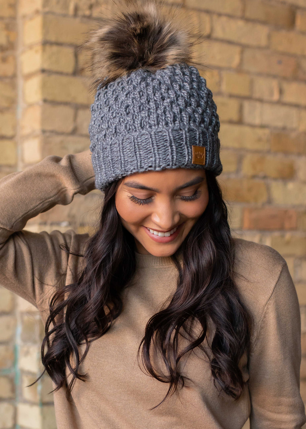 Grey Cable Knit Pom Beanie