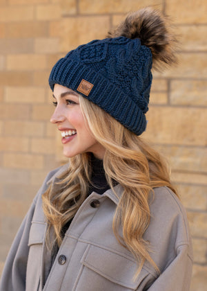 Navy Cable Knit Fur Pom Beanie