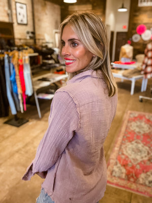 Feelin' It Frayed Gauze Shirt in Lavender
