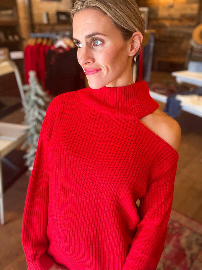 Merry Always Cold Shoulder Sweater in Red