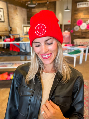 Nebraska Smiley Face Beanie in Red