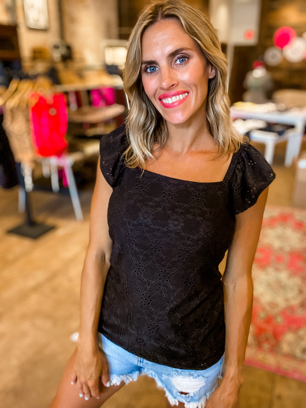Eyelet Love You Sleeveless Top in Black