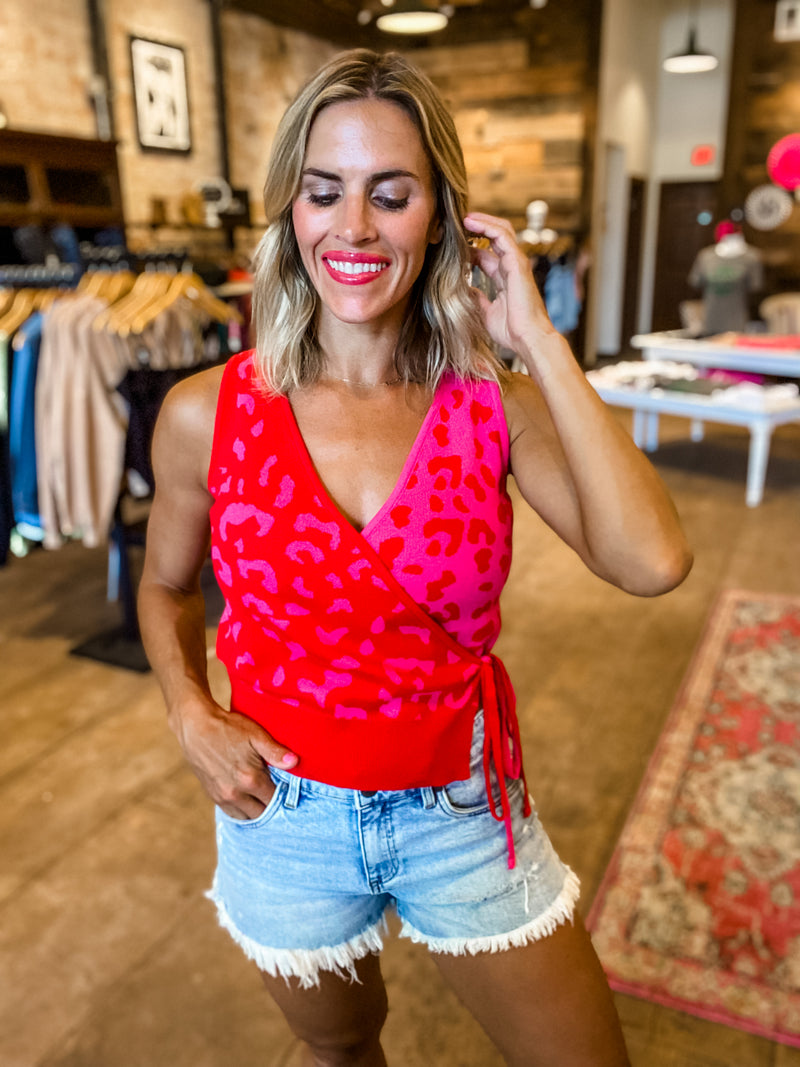 Jane Wrap Knit Sleeveless Top in Red & Pink
