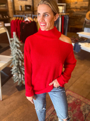 Merry Always Cold Shoulder Sweater in Red
