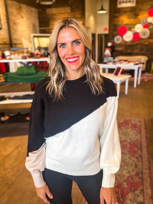 Ainsley Asymmetrical Sweater in Blacki Multi Colorblock
