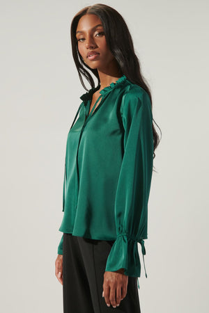 Chateau Satin Ezra Split Neck Blouse in Emerald