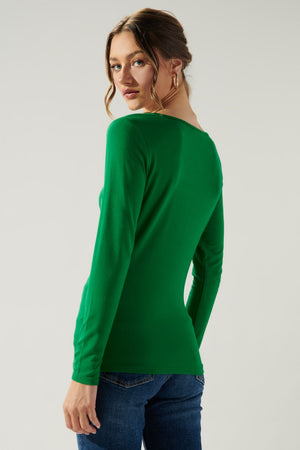 Bambi Asymmetrical Long Sleeve Jersey Knit Top in Green