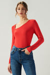 Bambi Asymmetrical Long Sleeve Jersey Knit Top in Red