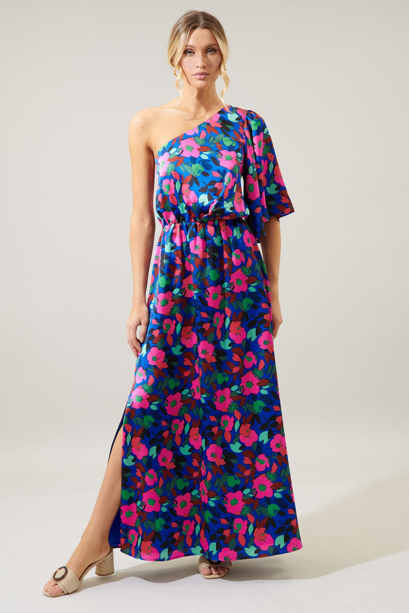 Vivi Berry Floral One Shoulder Maxi Dress