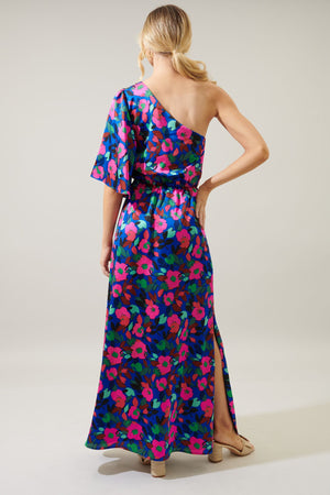Vivi Berry Floral One Shoulder Maxi Dress
